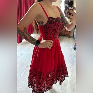 Voodoo Vixen Red Summer Dress with Black Embroidered flowers. Size Large.